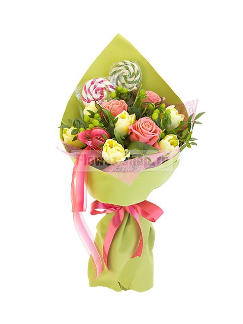 Букет из тюльпанов и роз с леденцами «Карамельная история»