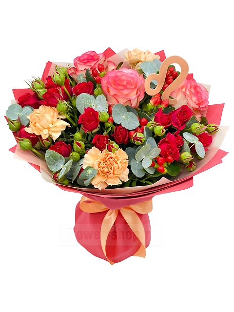 Букет из роз и гвоздик с гиперикумом «Подарок для Льва»