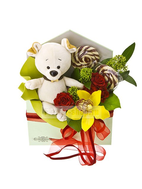 Цветочная композиция из роз и орхидеи с игрушкой «Мой малыш»