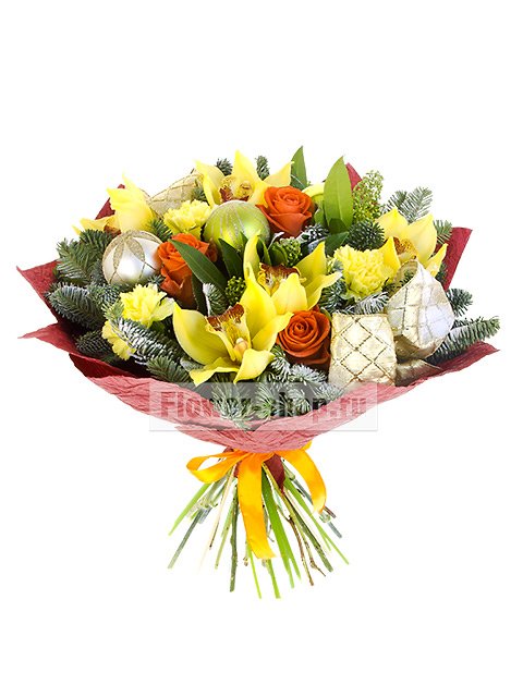 Зимний букет из роз, орхидей и гвоздик «Пиньята»