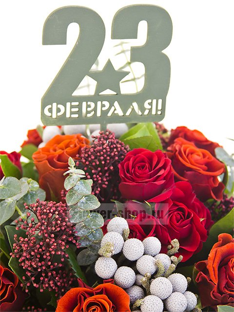 Мужской букет из роз, брунии и скимии  «23 Февраля»