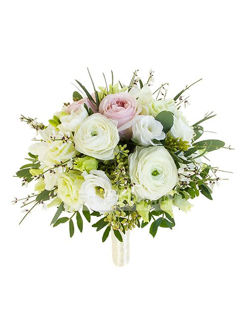 Букет невесты круглый из ранункулюсов, эустом, фрезий и роз №124