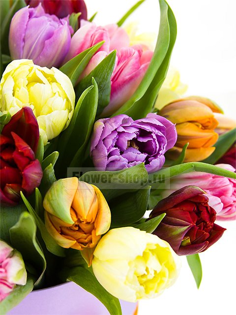 Микс из 35 разноцветных тюльпанов в шляпной коробке
