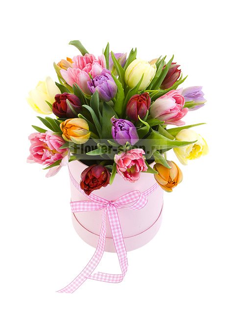 Микс из 19 разноцветных тюльпанов в шляпной коробке