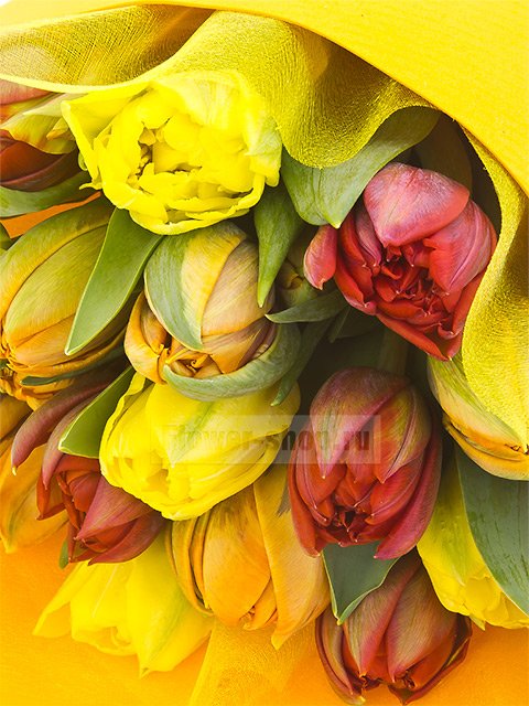 Букет из желтых, красных и рыжих тюльпанов «Весна-лето»