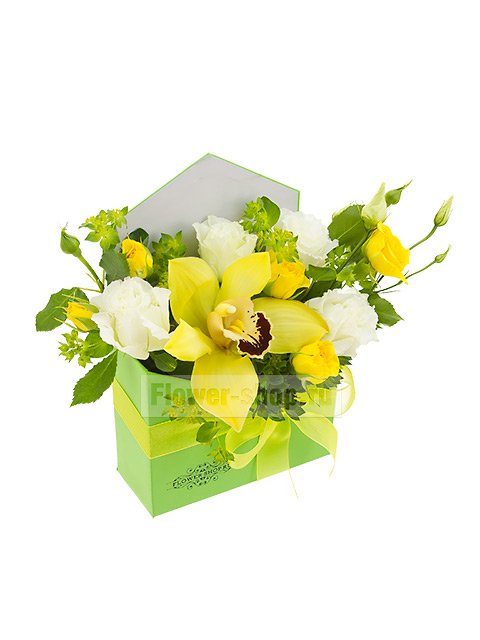 Композиция с орхидеей, эустомами и розами в конверте «Яркий ритм»