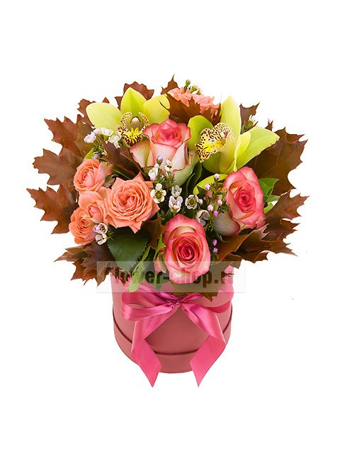 Букет из роз и орхидей в шляпной коробке «Осенние краски»
