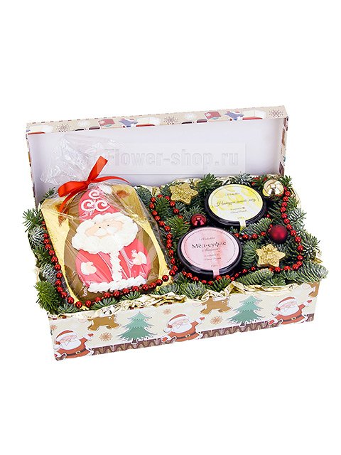 Новогодняя композиция со сладостями в коробке «Мед на Новый год»