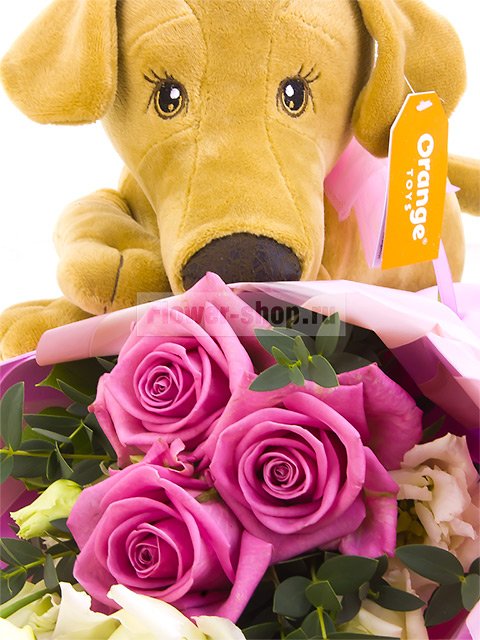 Букет из роз и лизиантусов с плюшевой собачкой «Подруга»