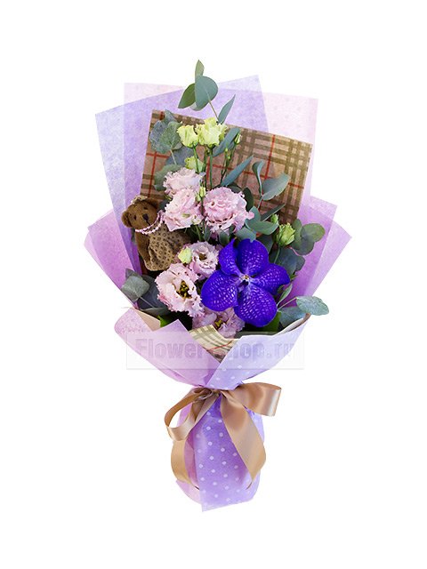 Букет из лизиантуса и орхидеи «Миша в цветах»