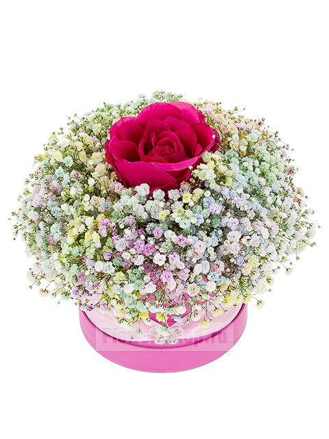 Композиция из радужной гипсофилы с искусственной розой «Неувядаемый цвет»