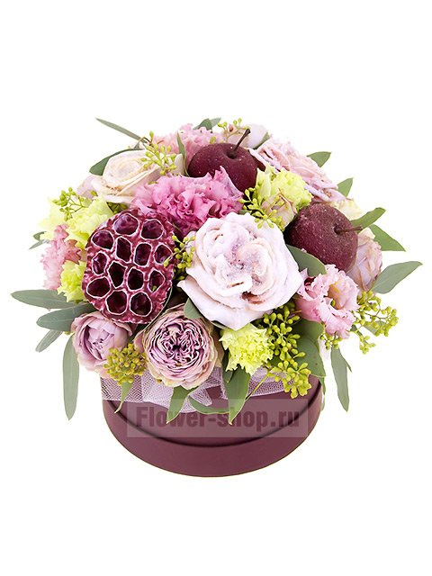 Композиция из кустовых роз и лизиантусов в шляпной коробке «Глазурини»