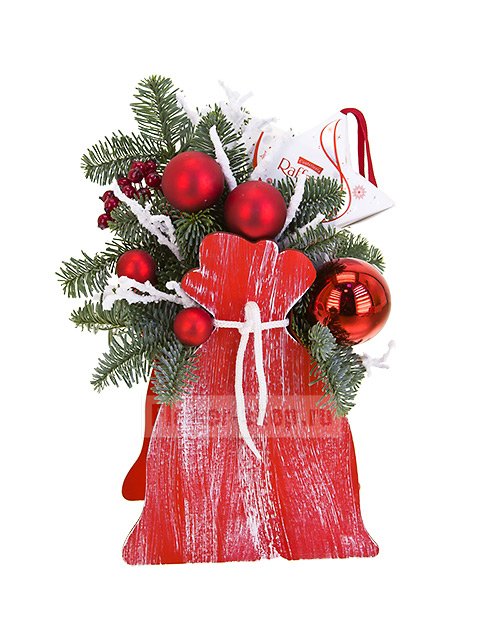 Новогодняя композиция из еловых веток со сладостями «Мешок с подарками»