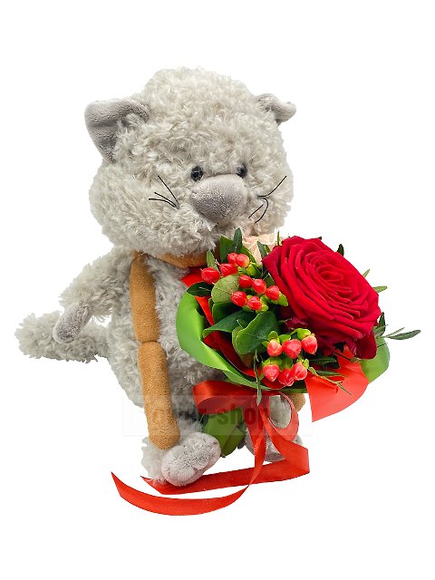 Композиция из розы и герберы с мягкой игрушкой «Месье Сосискин»