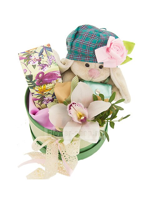 Композиция в шляпной коробке с орхидеей и мягкой игрушкой «Мадам Брошкина»