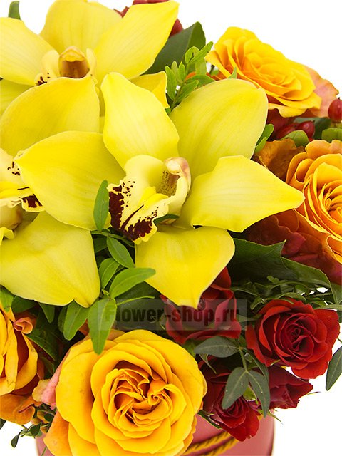 Букет из роз и орхидей в шляпной коробке «Тарантелла»