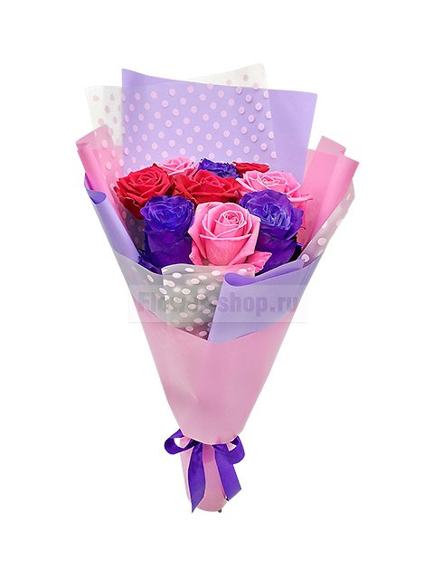 Букет из 9 розовых, малиновых и фиолетовых роз