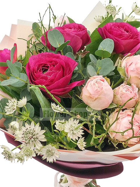 Букет из роз, фрезий, ранункулюсов и тюльпанов «Барбареско»