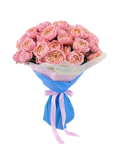 Букет из 15 персиково-розовых пионовидных кустовых роз