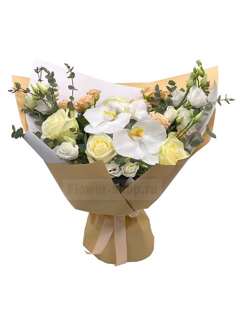 Букет из роз, орхидей и лизиантусов «Белый стих»
