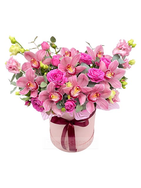 Композиция из орхидей и роз в шляпной коробке «Токио»