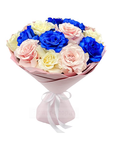 Букет из 15 пышных разноцветных роз