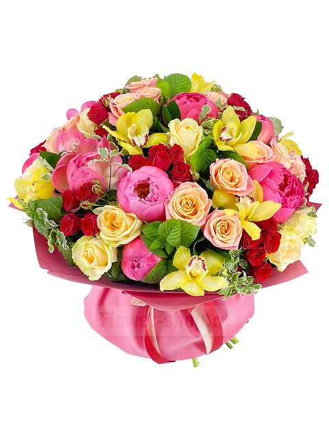 Букет из роз, пионов и орхидей «Тропический рассвет»