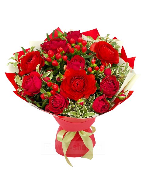 Букет из роз и ранункулюсов «Цвет настроения - красный»